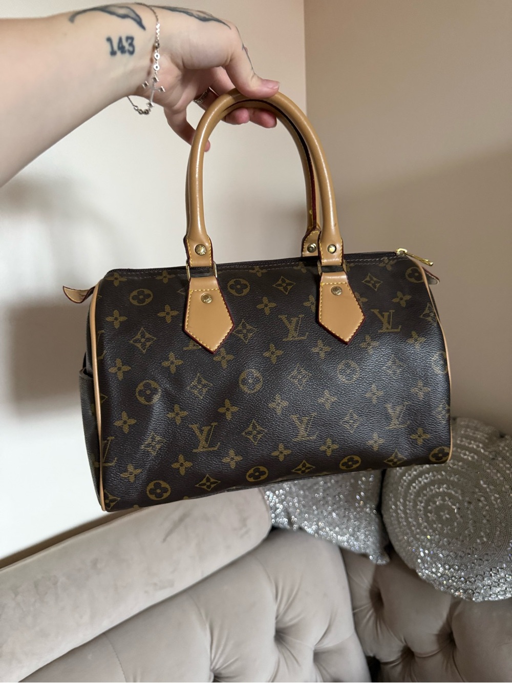 Brown Monogram Canvas Satchel with Tan Trim